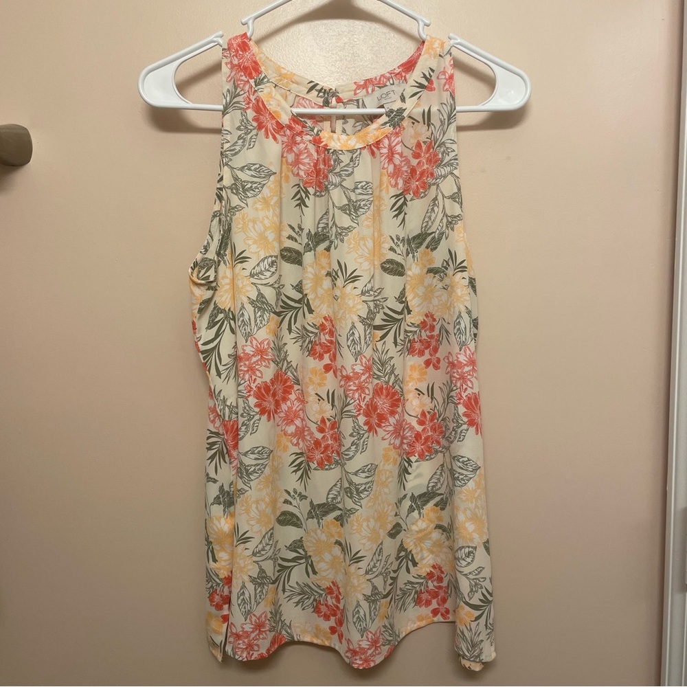 LOFT Floral Print Blouse with Red and Yellow Accents
